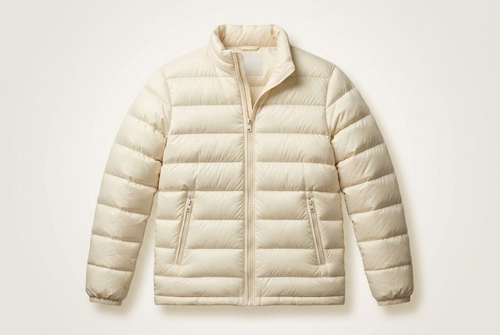 Cream quilted puffer jacket from the S.P.A. JACKET website